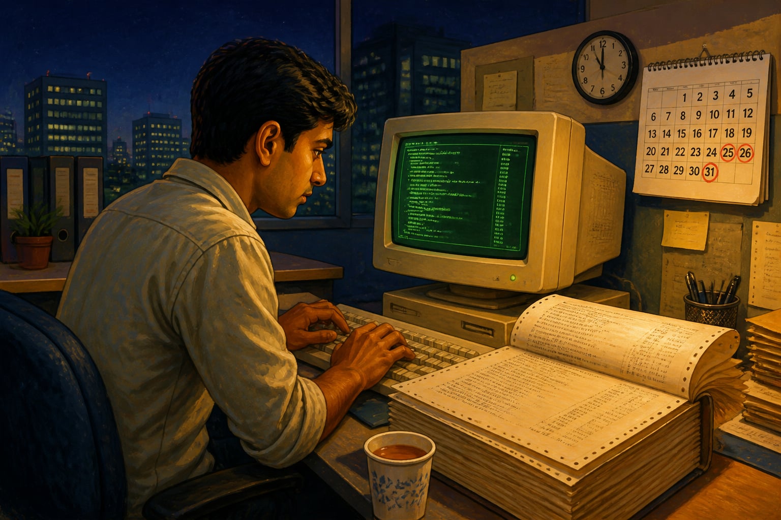 Indian programmer fixing Y2K COBOL code at midnight 1999
