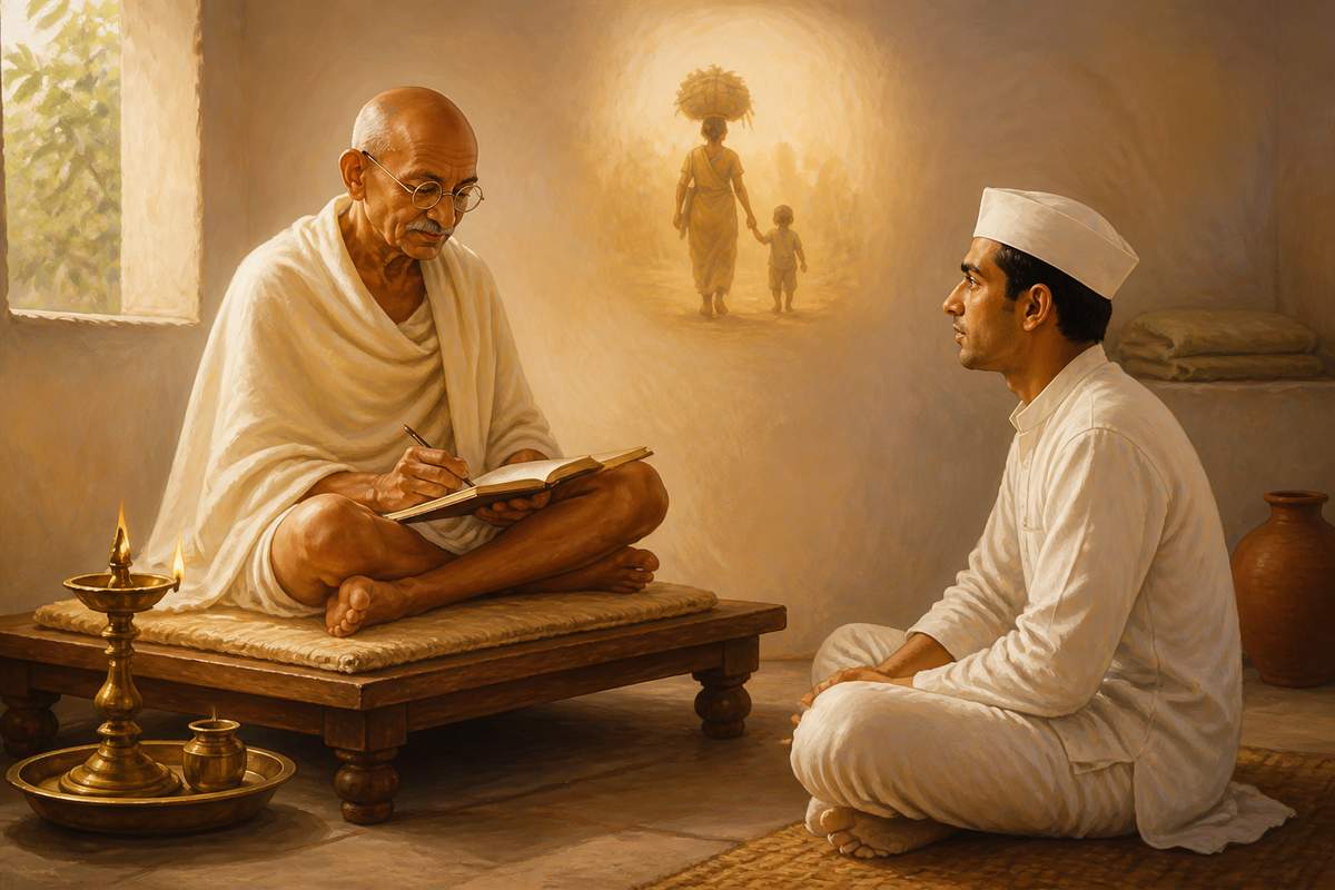 Mahatma Gandhi writing the talisman of the smallest person