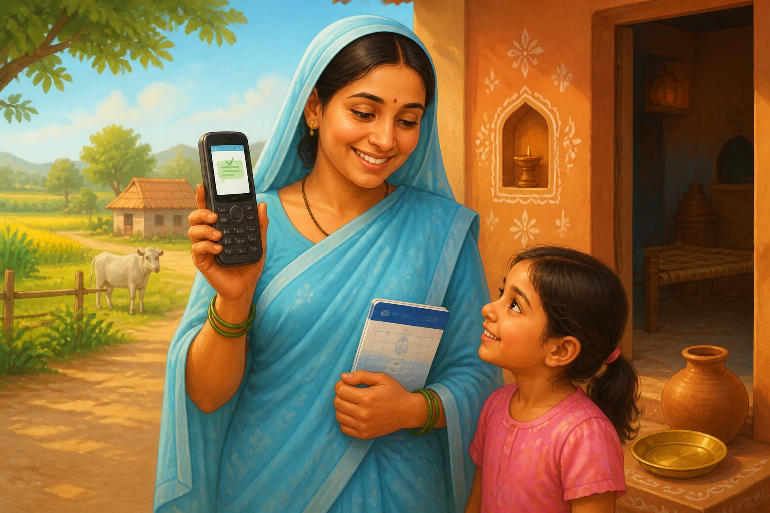 Rural woman receiving a Direct Benefit Transfer on her phone