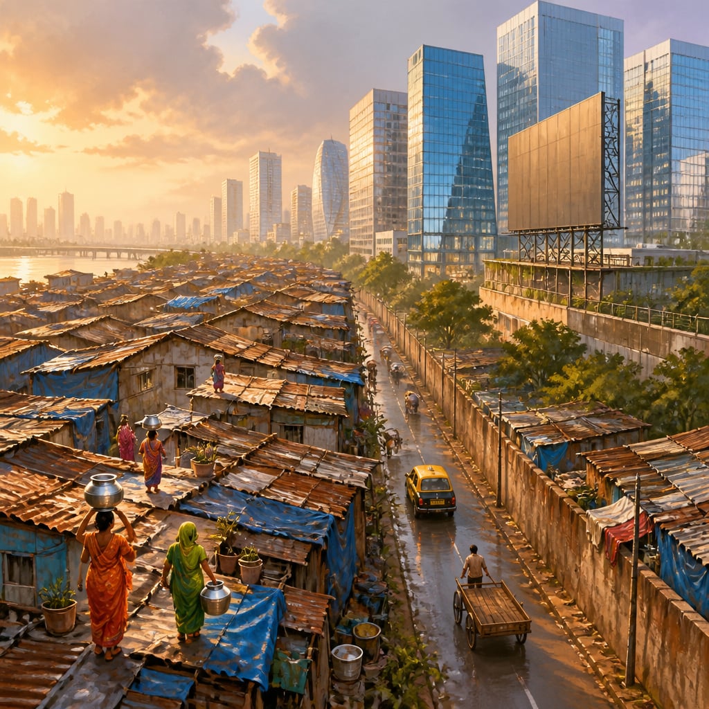 BKC office towers rising behind Dharavi rooftops in Mumbai