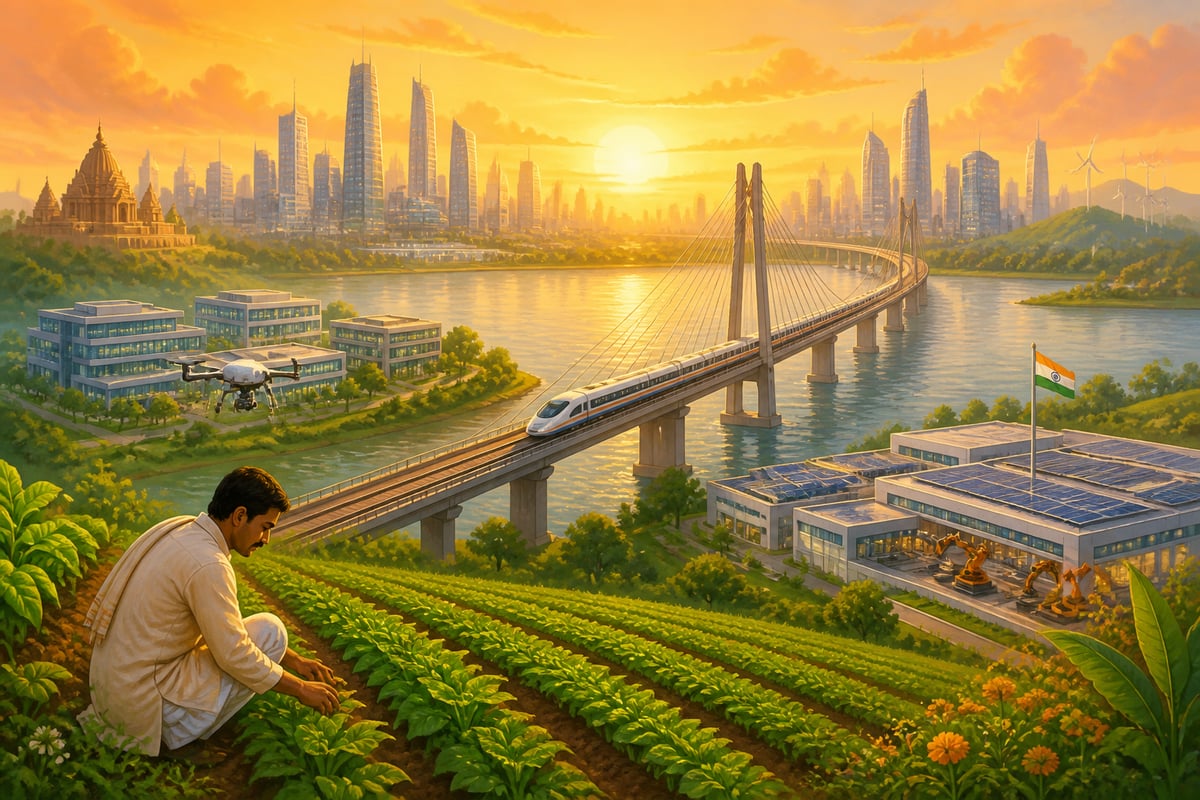 India 2047 cityscape at sunrise with high-speed train