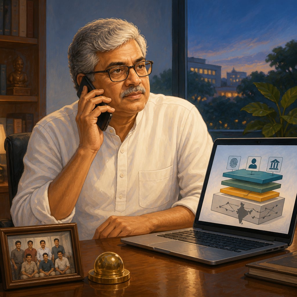 Nandan Nilekani taking a World Bank call about India Stack
