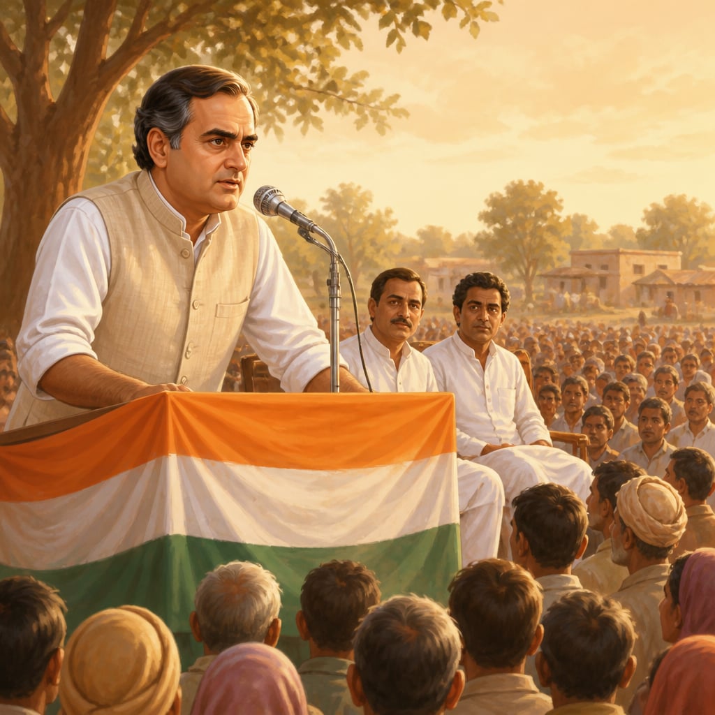 Rajiv Gandhi at a 1985 podium delivering the fifteen-paise statement