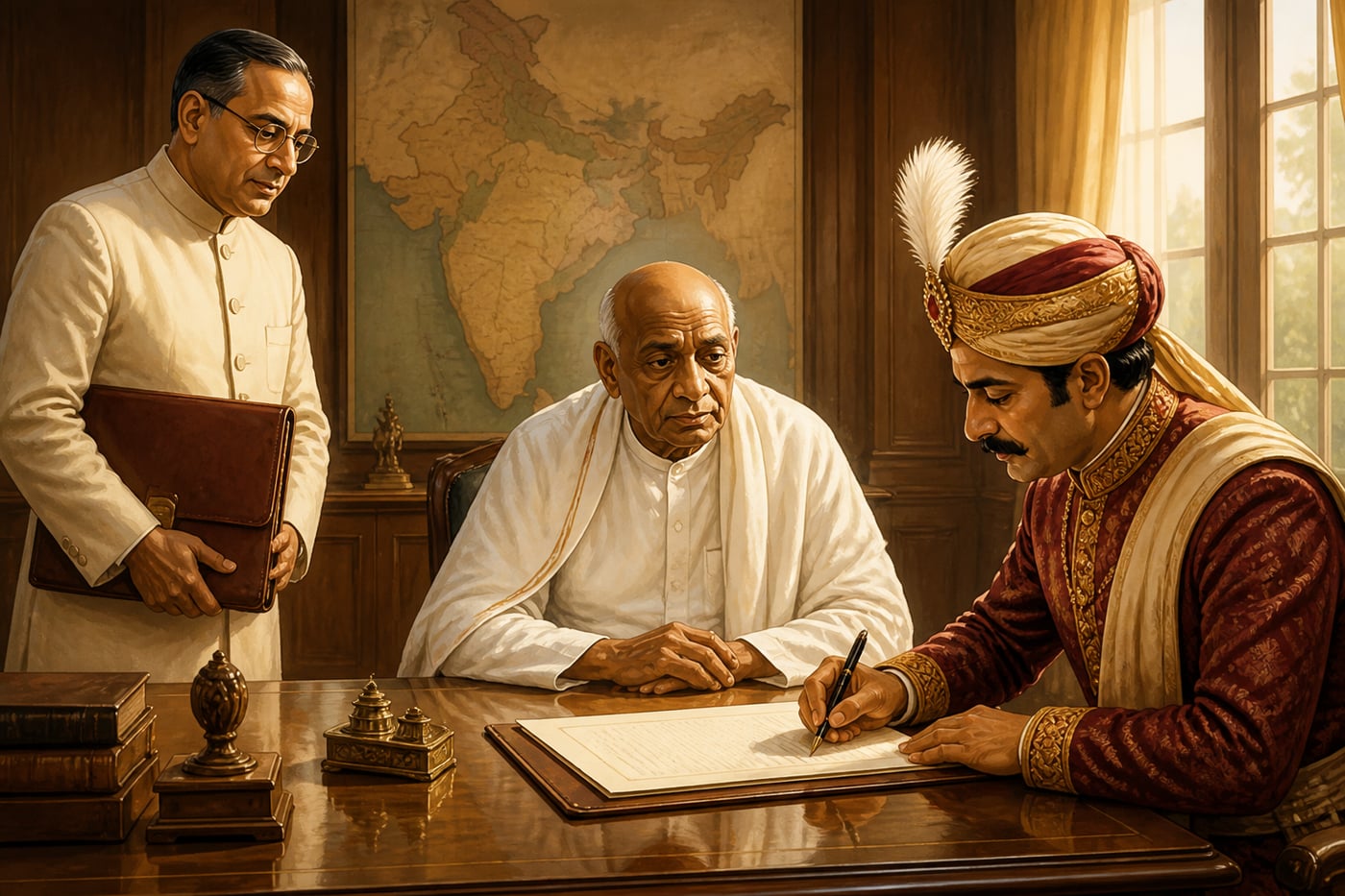 Sardar Patel witnessing an Instrument of Accession signing