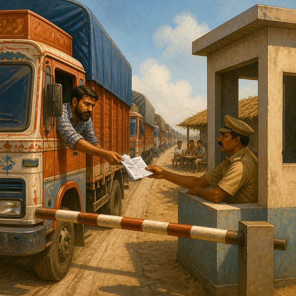Cargo truck waiting at a state border checkpost