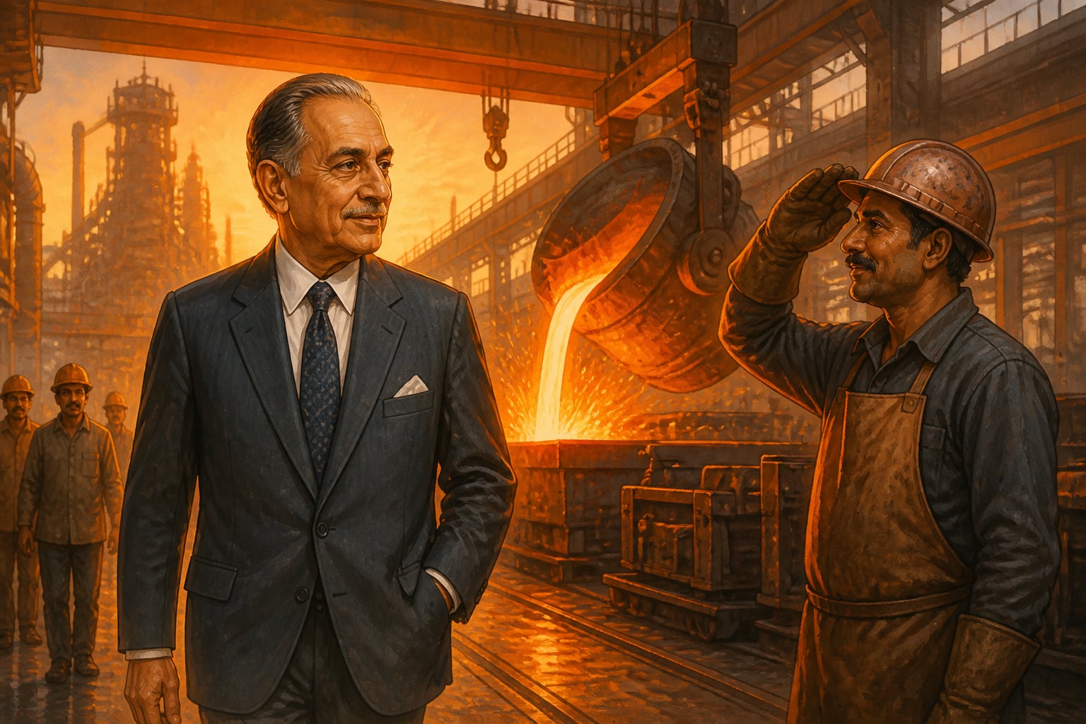 JRD Tata on the Jamshedpur steel shop floor