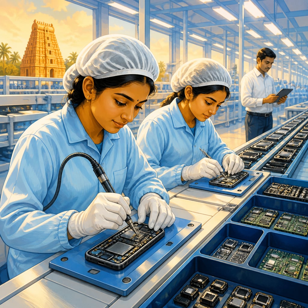 Sriperumbudur mobile-phone assembly line technicians at work