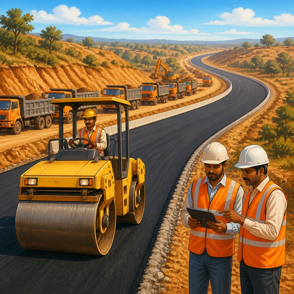Delhi-Mumbai Expressway construction crew at work