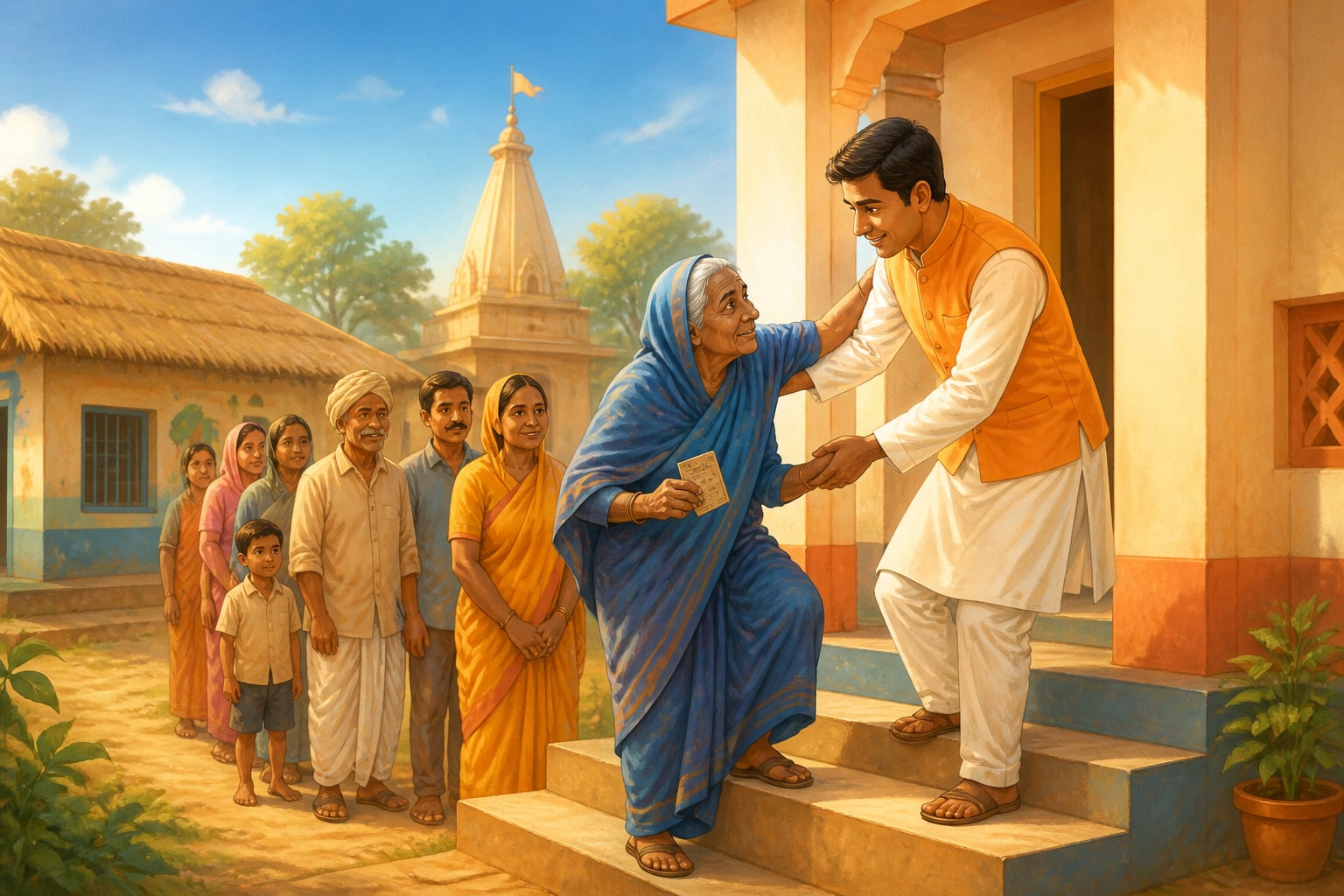 An elderly villager being uplifted at the panchayat in the spirit of Antyodaya