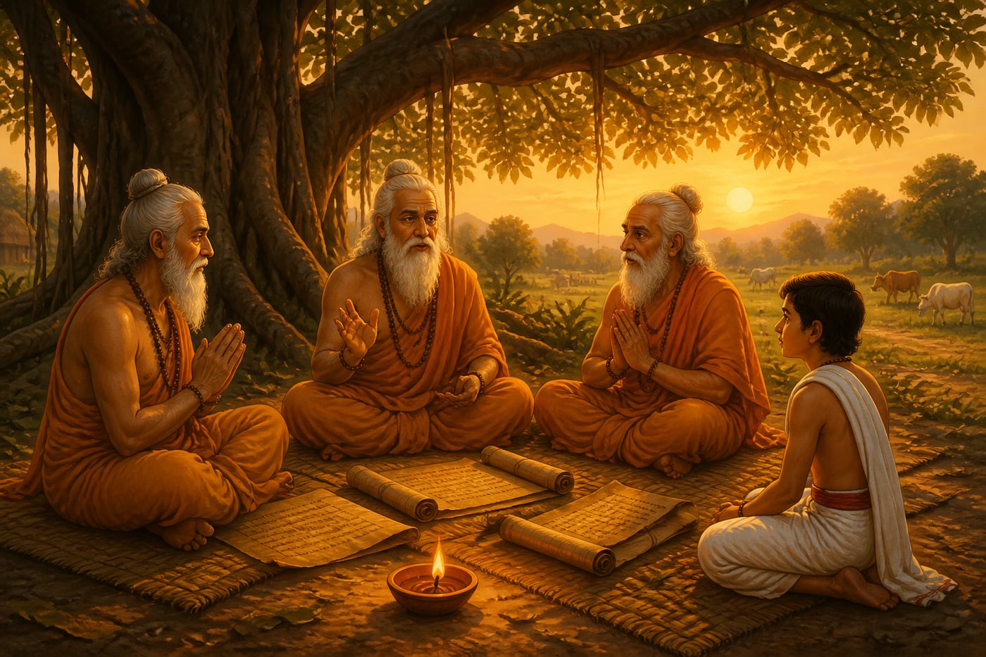 Forest rishis under a banyan tree debating the four aims of life