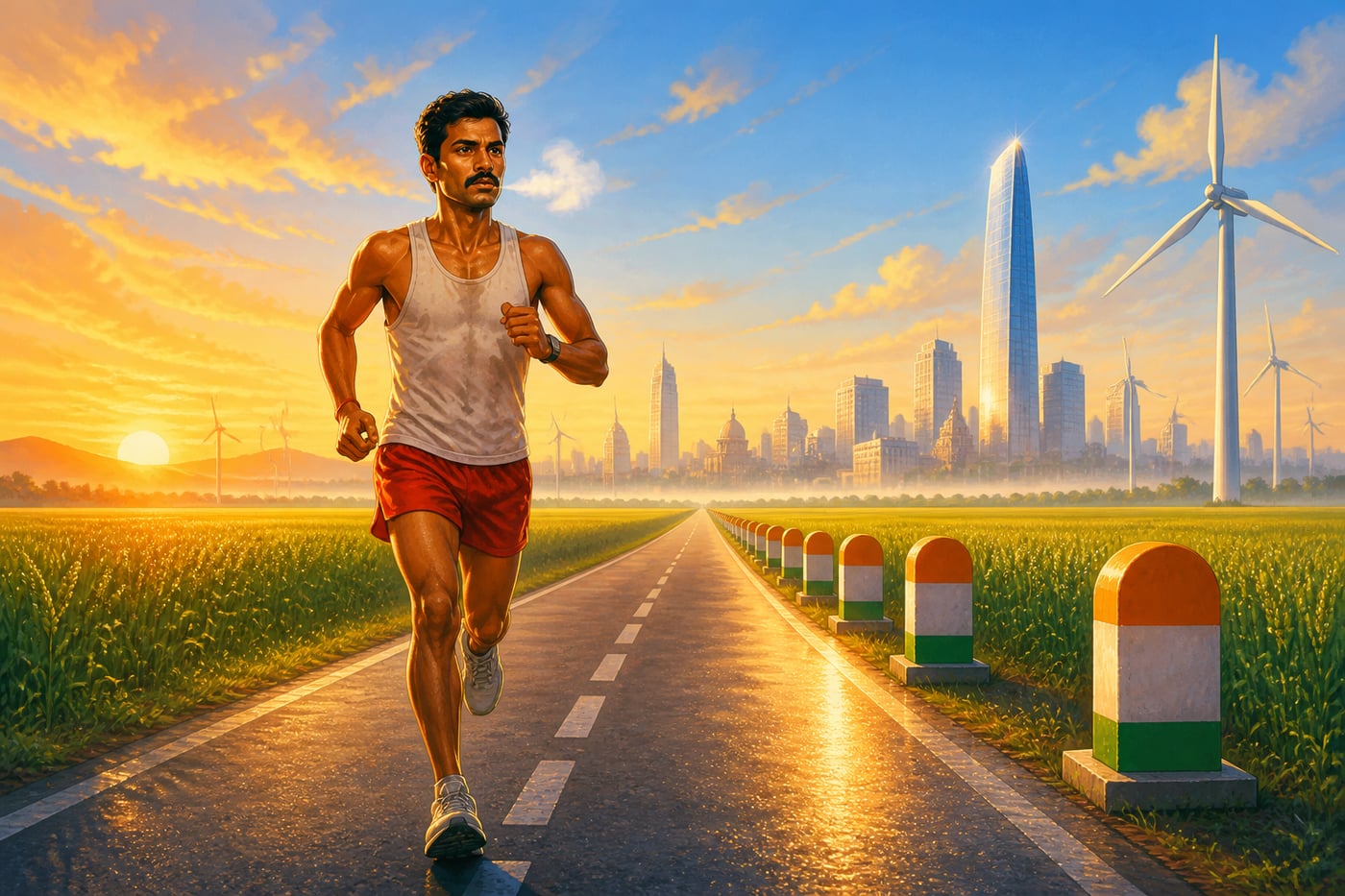 An Indian distance runner on a dawn highway as a metaphor for sustained growth
