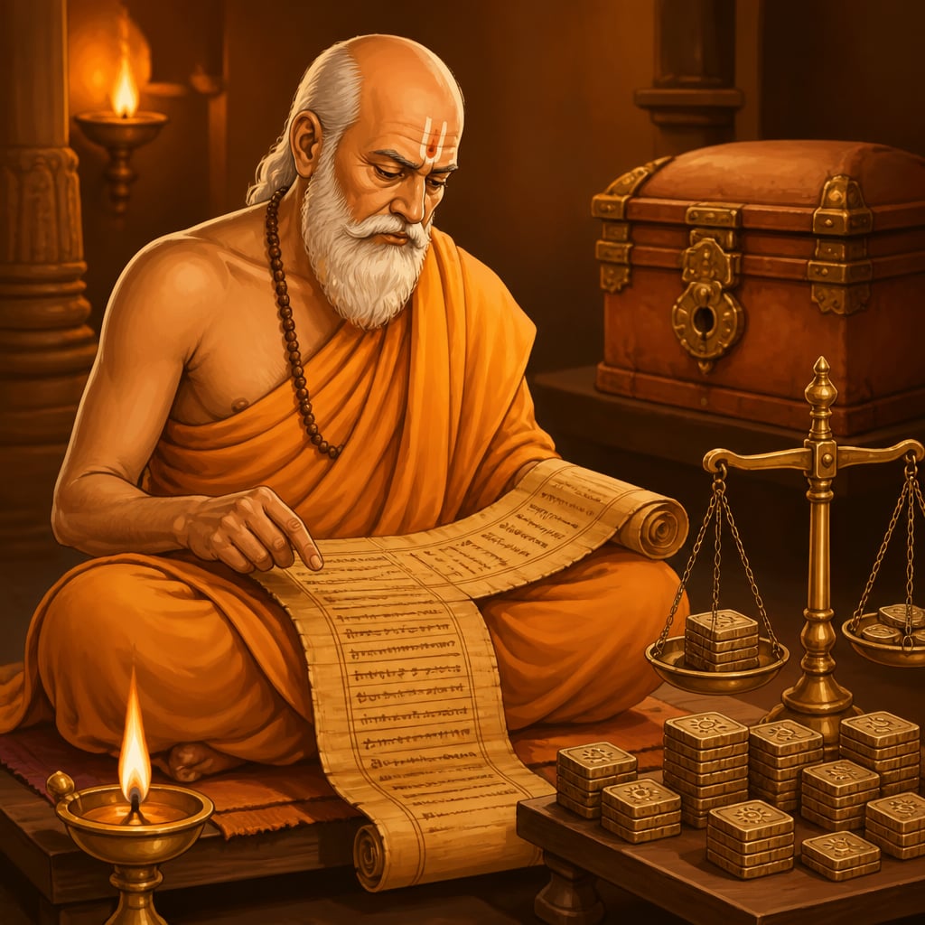 Kautilya with the Arthashastra and brass coin scales in his Mauryan study