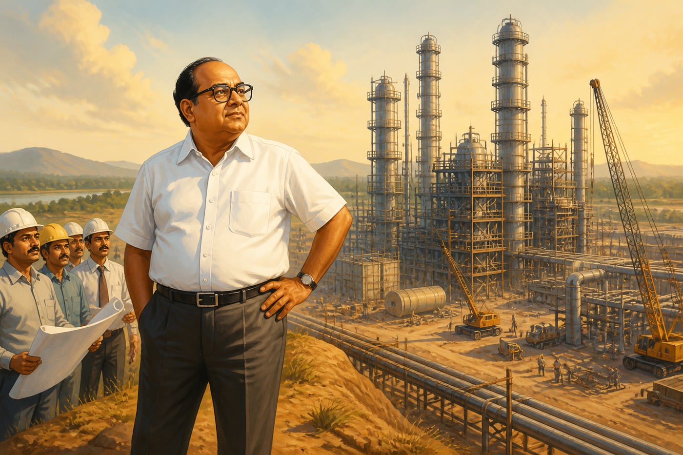 Dhirubhai Ambani surveying the half-built Patalganga petrochemical complex