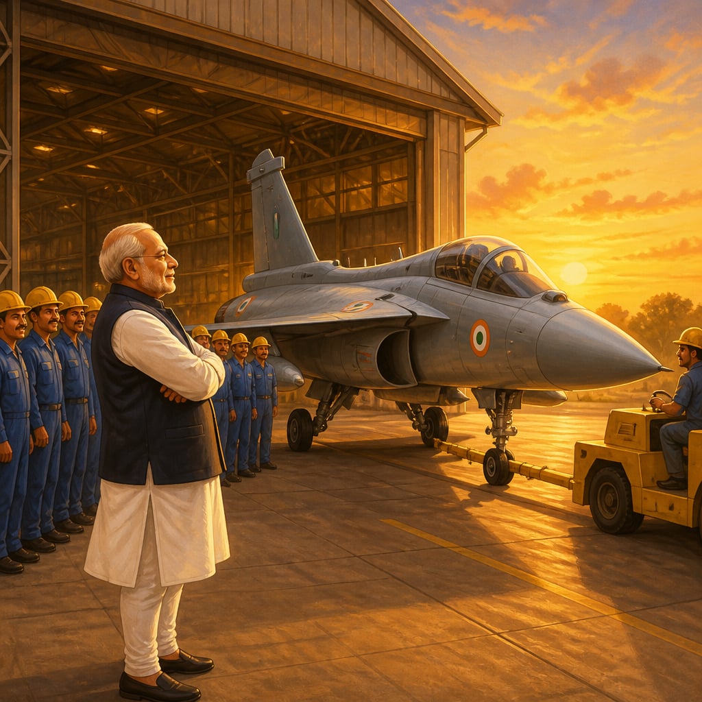 Rajnath Singh watching the first HAL Tejas Mk1A roll out of the Bangalore hangar
