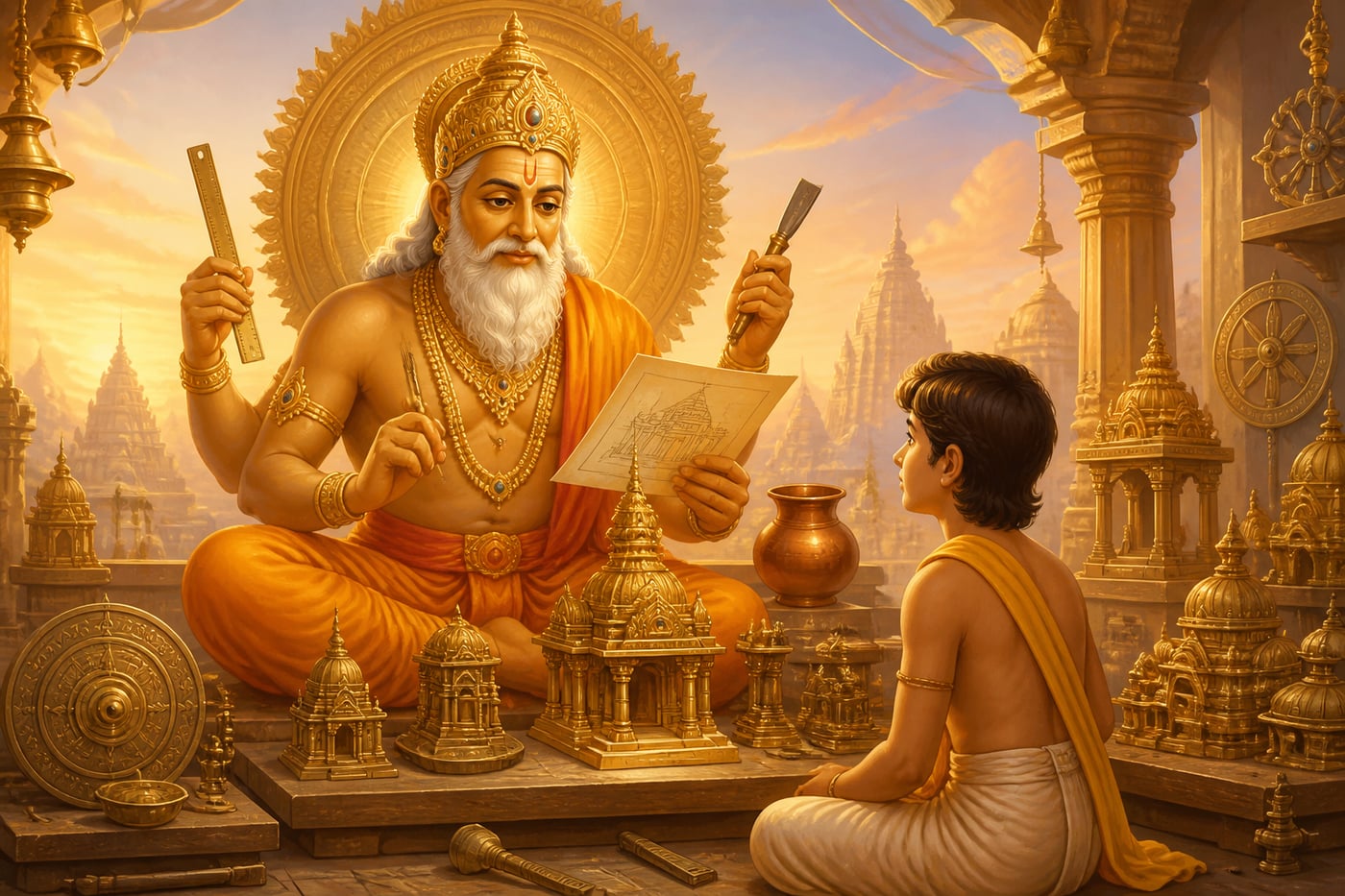 Vishwakarma the divine craftsman teaching a young human apprentice in his workshop