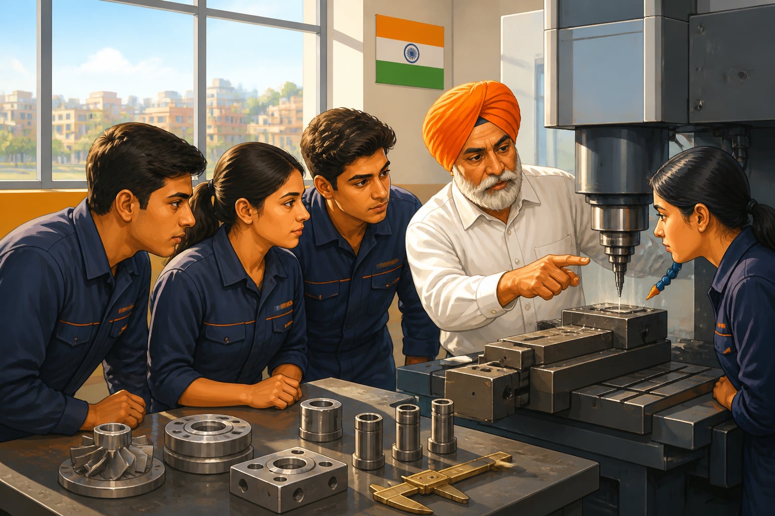Young Indian trainees learning CNC machining at a Skill India ITI hall