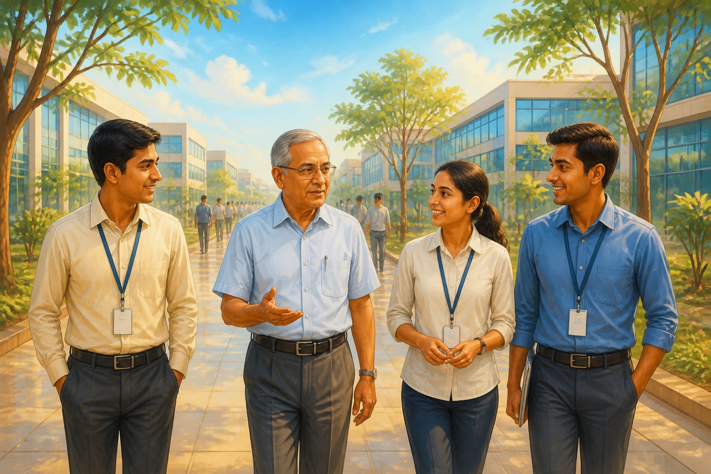 Narayana Murthy walking the Infosys Bangalore campus with young engineers