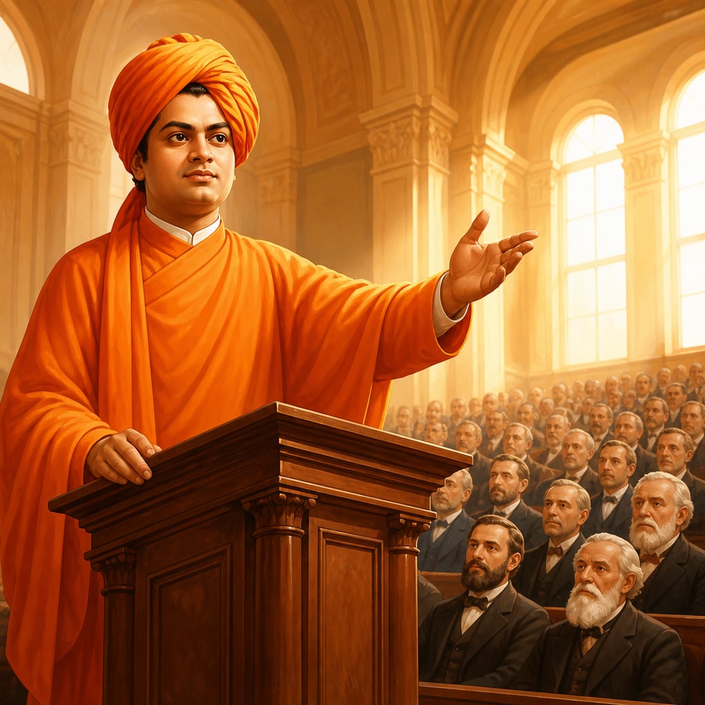 Swami Vivekananda addressing the 1893 Parliament of World Religions in Chicago