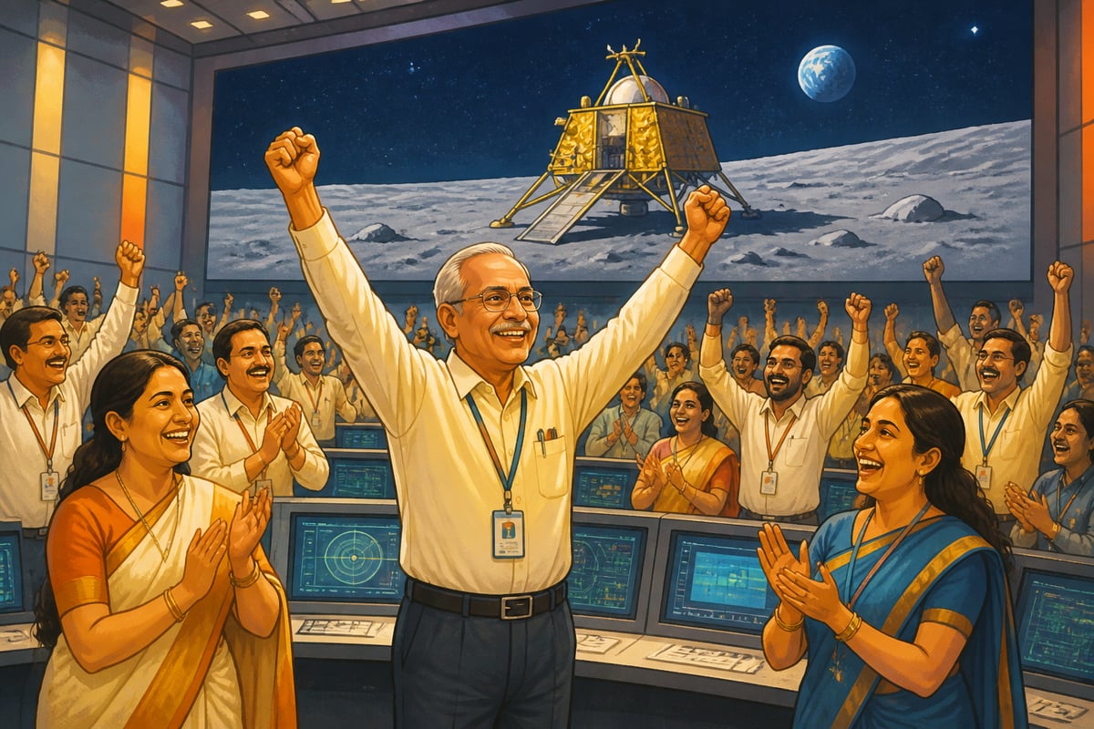 ISRO scientists celebrating the Chandrayaan-3 lunar landing in mission control