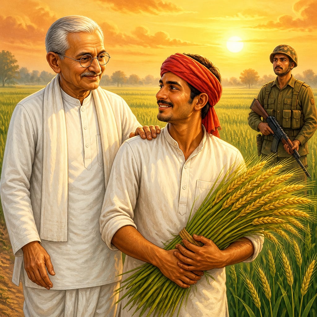 Lal Bahadur Shastri with a farmer and a jawan embodying Jai Jawan Jai Kisan