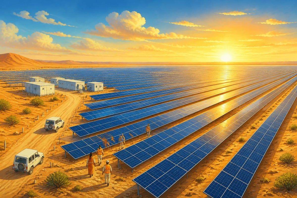 Aerial view of the Bhadla Solar Park stretching across the Rajasthan desert