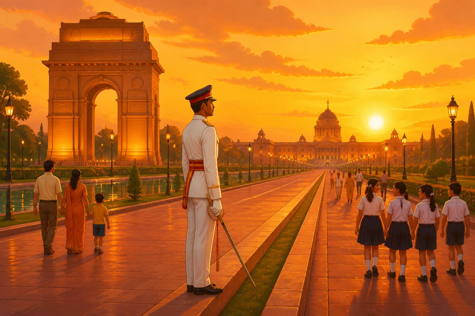 An honour guard at sunset on Kartavya Path, the renamed ceremonial axis