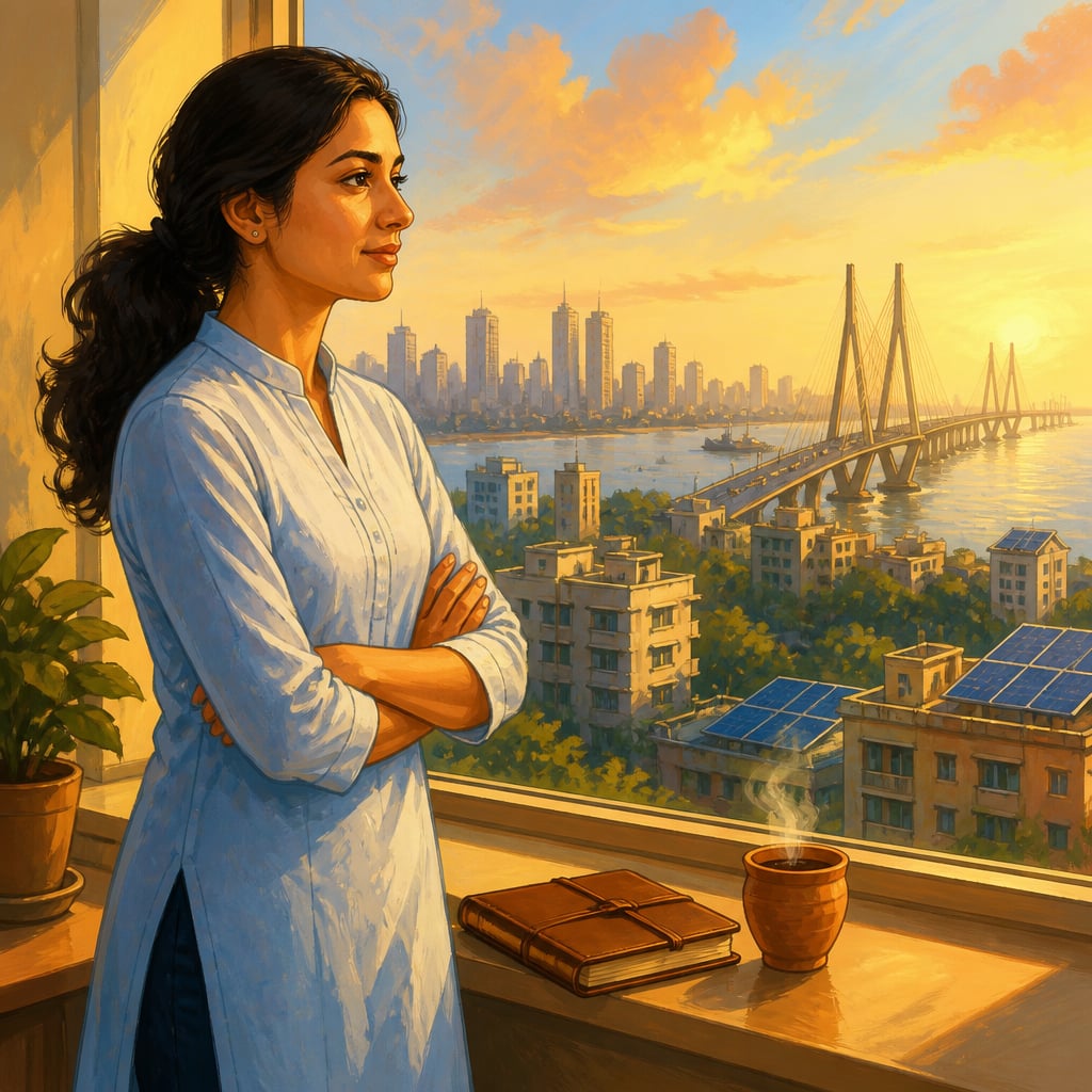 A young Indian professional contemplating the Bharat skyline and her role in 2047