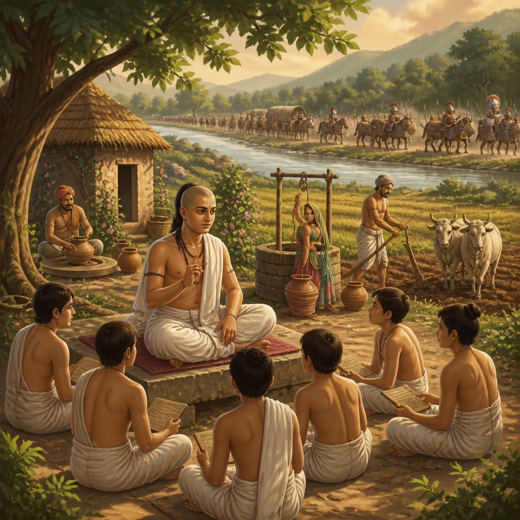 Chanakya teaching at a Punjab village courtyard as Alexander's army retreats