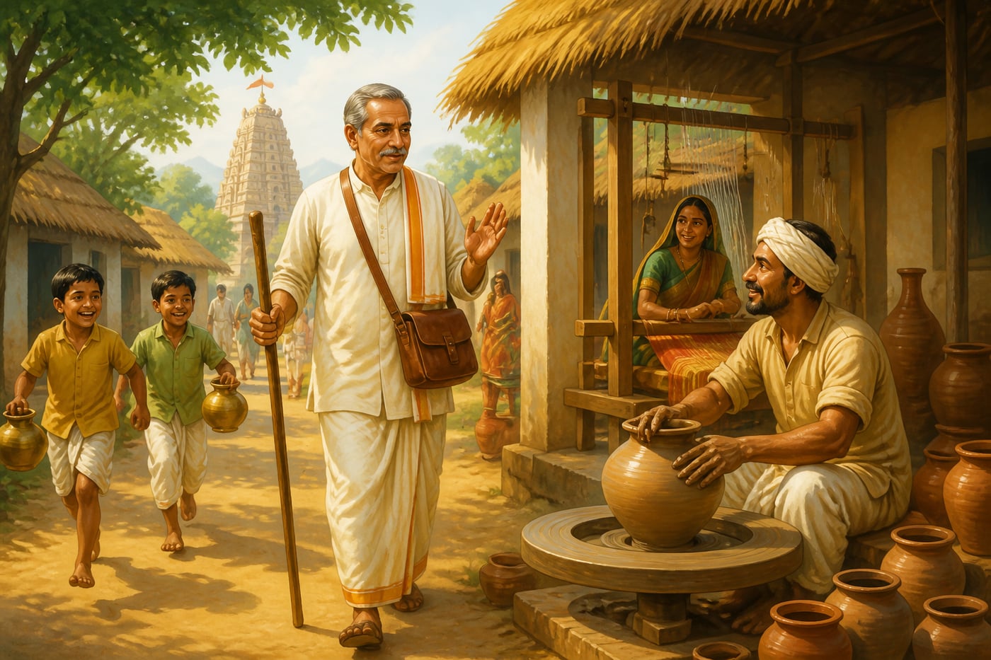 The village gramani walking the lane greeting potters and weavers