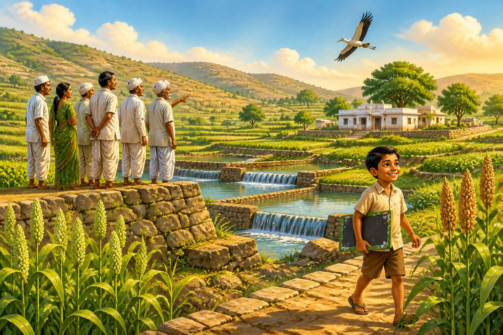 Hiware Bazar's drought-revived terraced fields and check-dams in 2024