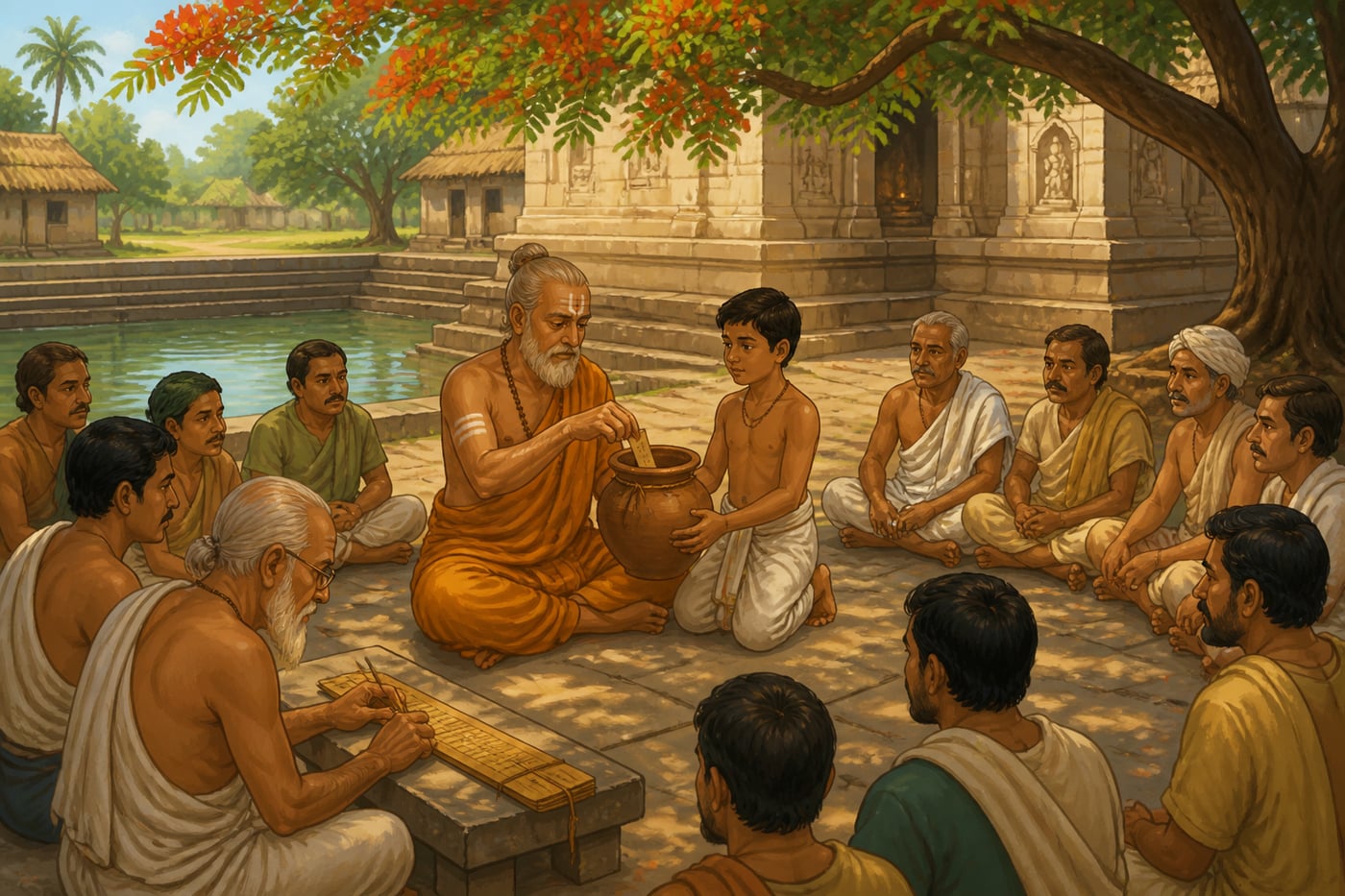 A 10th-century Tamil village conducting an election by drawing palm-leaf lots