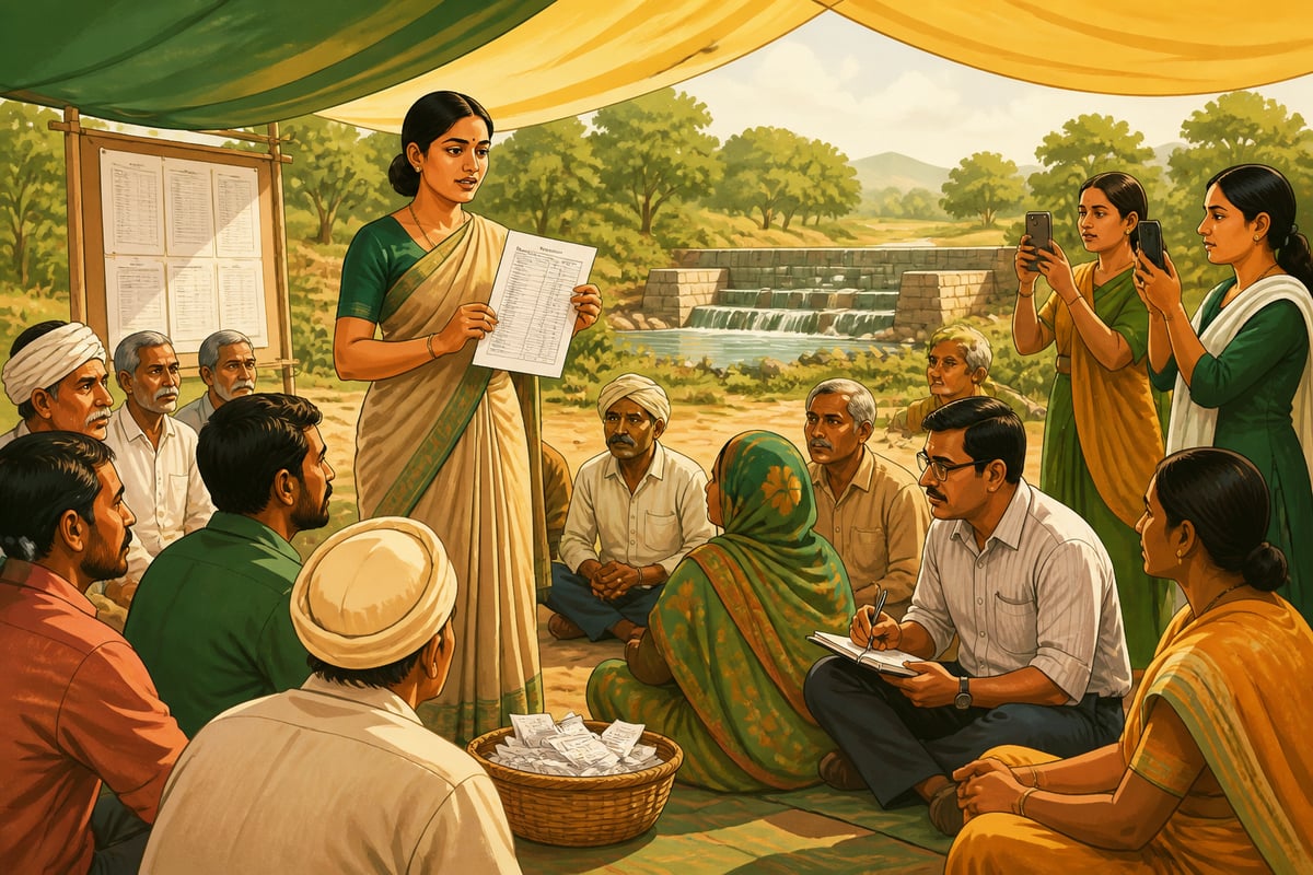 A young woman conducting an MGNREGA social audit in a 2024 Maharashtra village