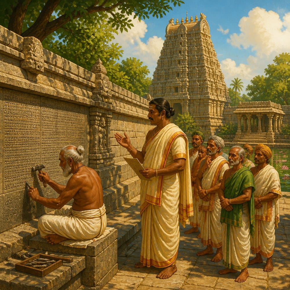 The Uttaramerur election-rules inscription being carved in 920 CE Tamil Nadu