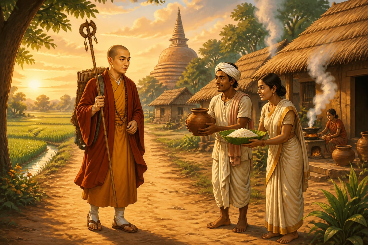 Hiuen Tsang walking an Indian village road and being welcomed by villagers