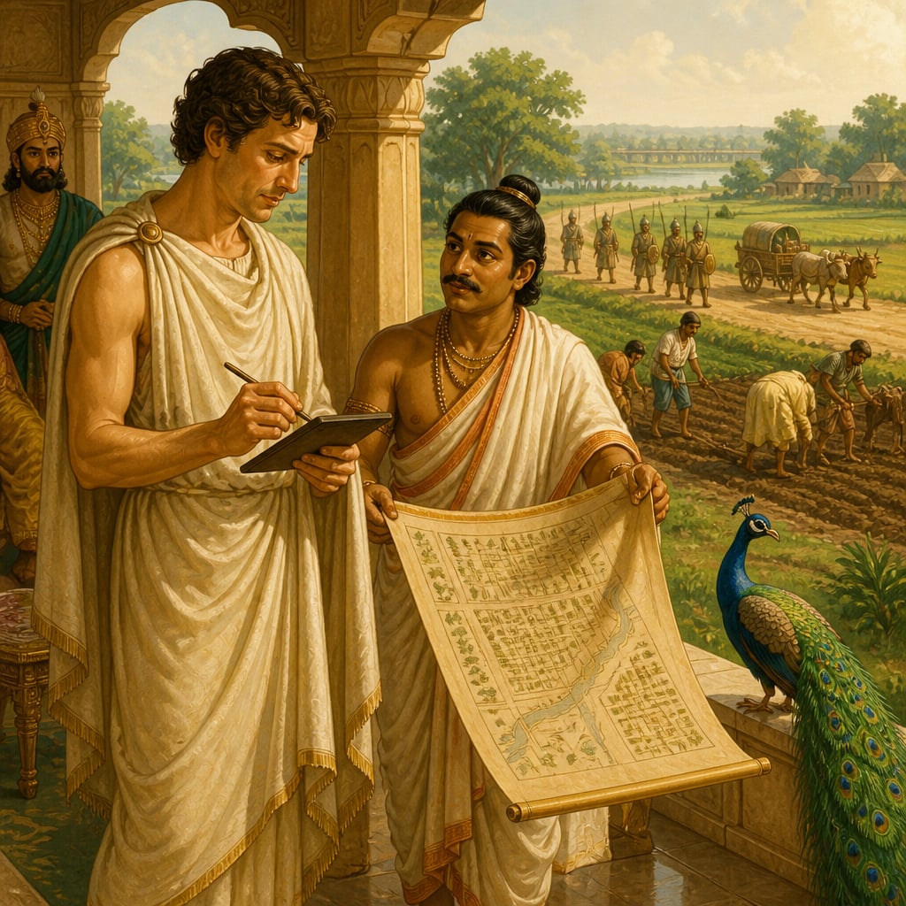 Megasthenes taking notes at Chandragupta Maurya's Pataliputra court