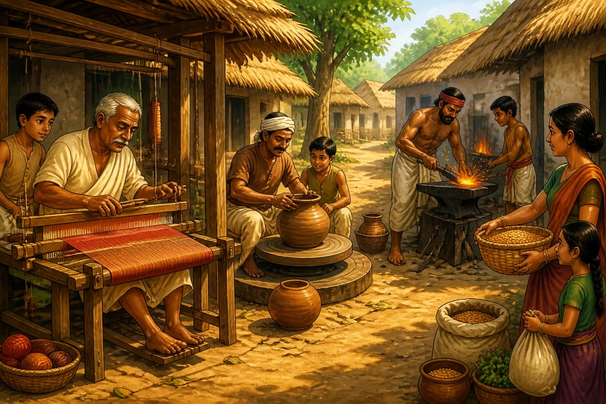 A medieval Indian craftsmen's lane with weaver, potter and blacksmith at work