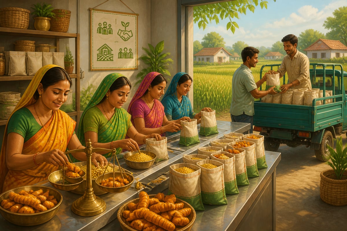 A women-led FPO processing centre grading turmeric and millet in 2024