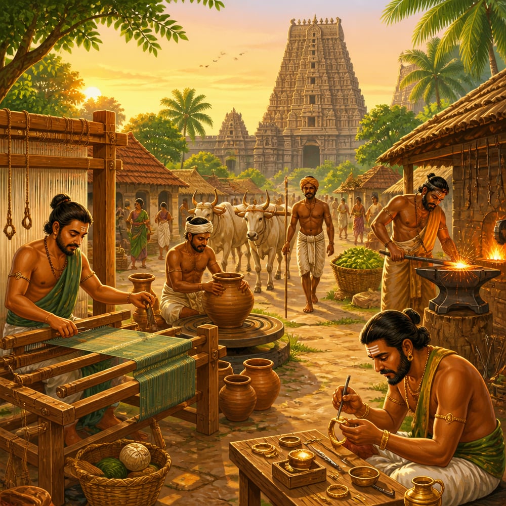 An 11th-century Tamil village at Gangaikondacholapuram with all trades at work