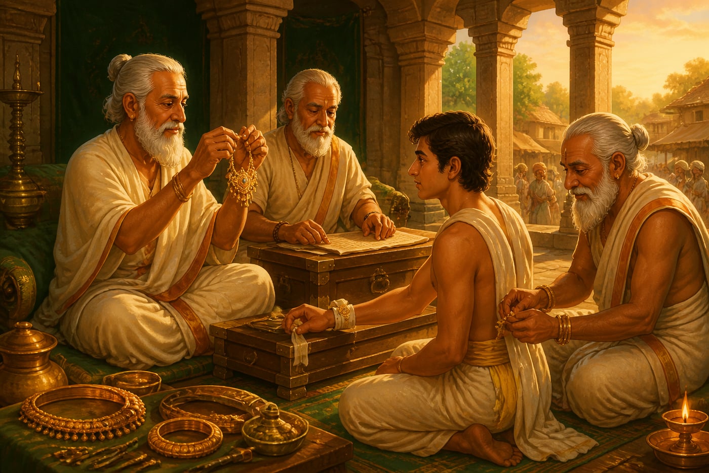 Senior guild masters certifying a young apprentice goldsmith in a stone-pillared hall