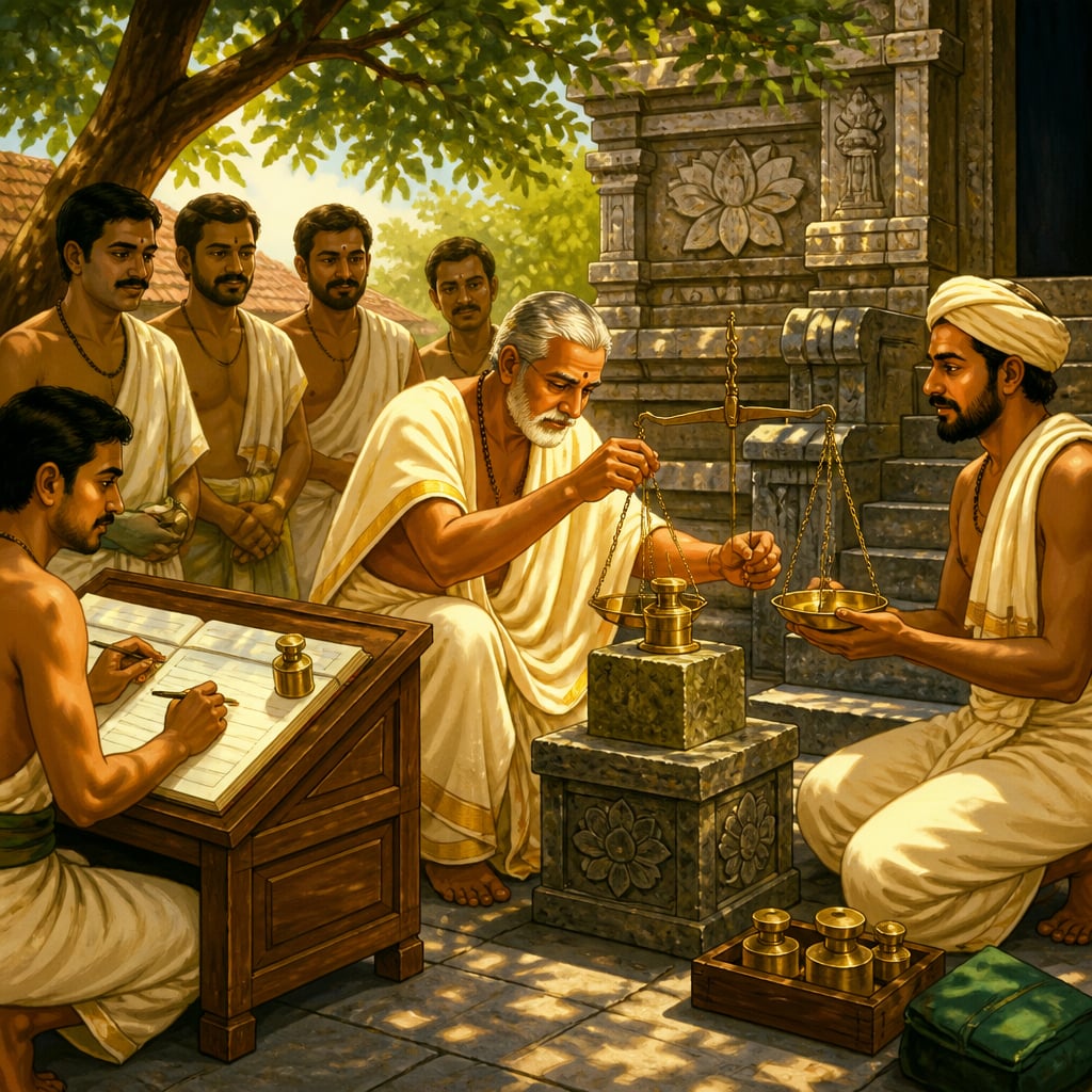 A village elder verifying a merchant's brass balance against the temple-standard