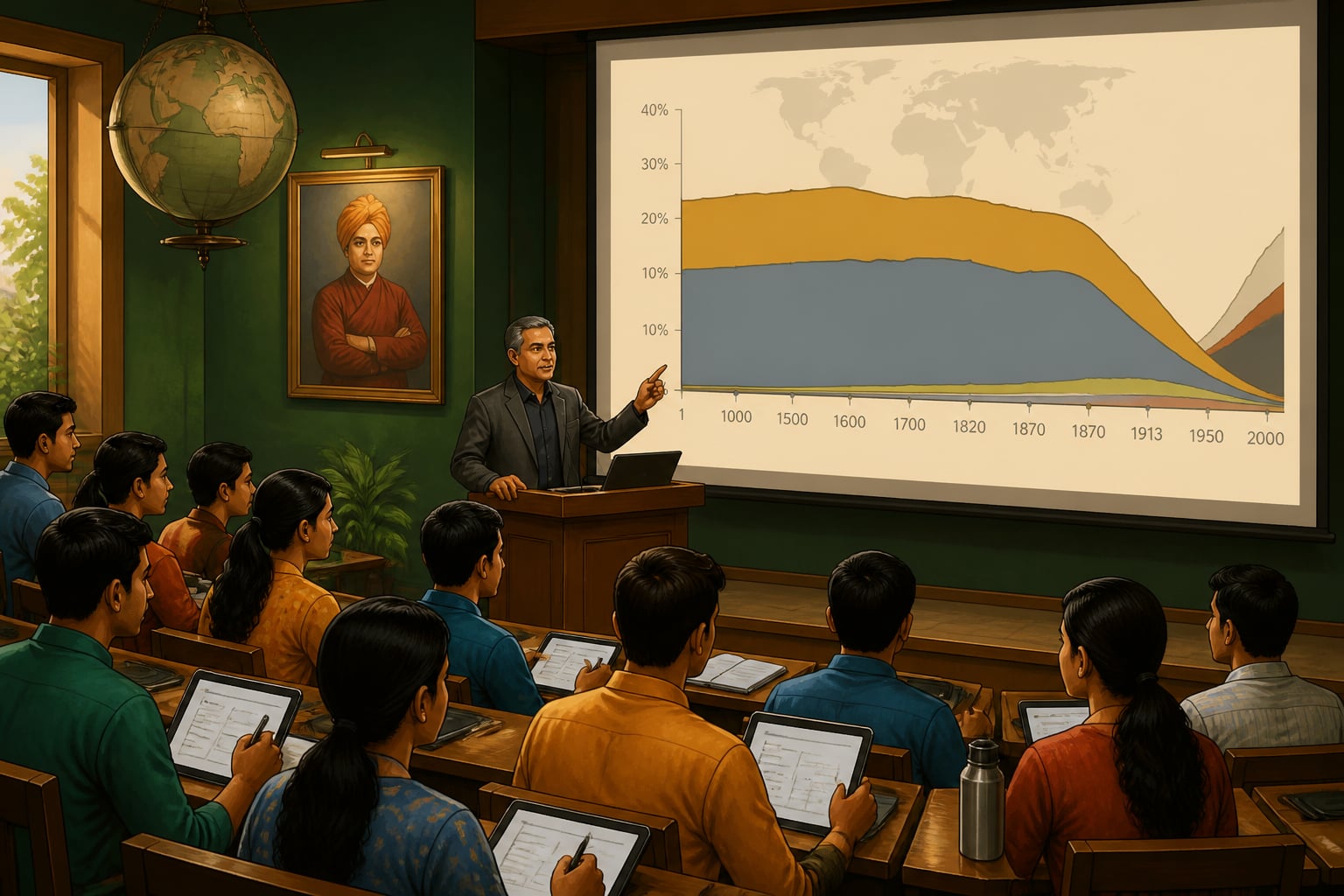 A 2024 Indian economics lecture presenting Maddison's historical GDP chart