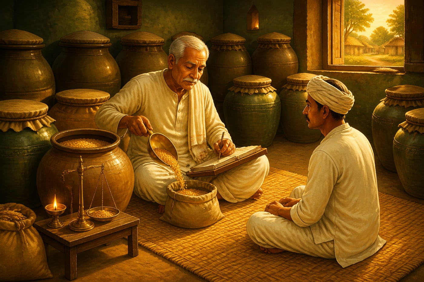 A medieval village treasurer measuring out grain from a village grain-bank jar
