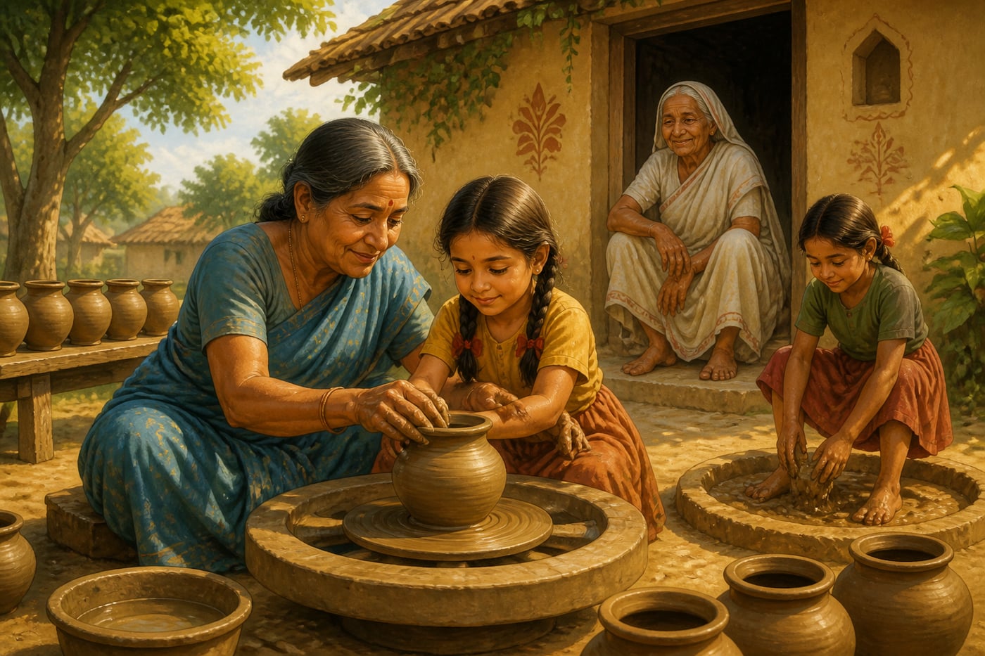 Village potter mother teaching her daughter at the wheel
