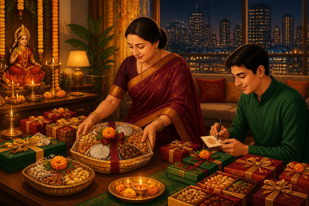 Modern Mumbai professional arranging Diwali gift hampers