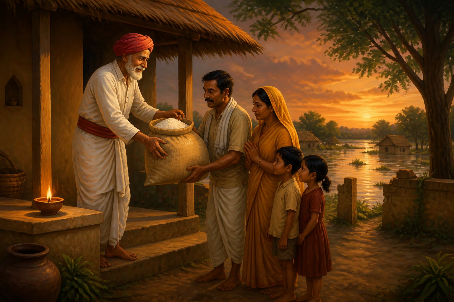 Jajman handing emergency rice to a kamin barber family
