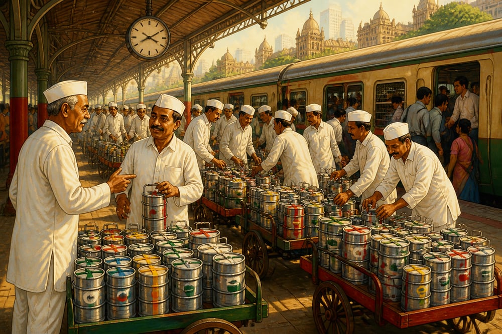 Mumbai dabbawalas sorting tiffin boxes at a railway station