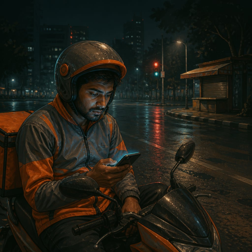 Rahul the Swiggy delivery rider alone at a Bengaluru intersection