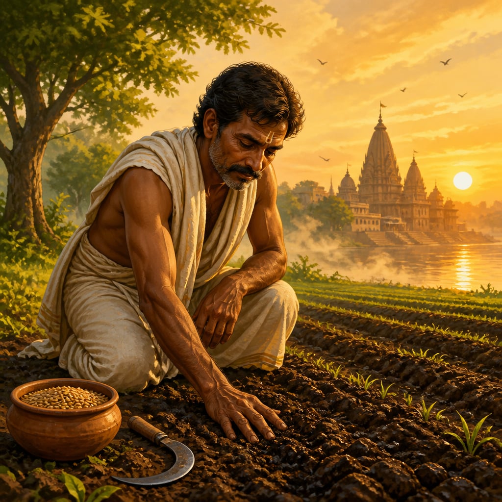Govinda pressing palm into earth at dawn near Varanasi