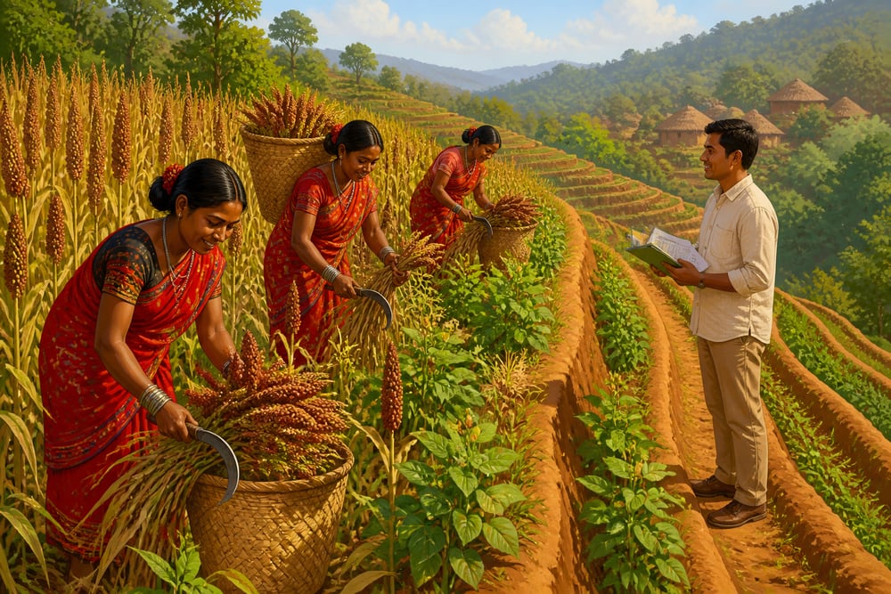 Odia tribal women harvesting ragi in Koraput