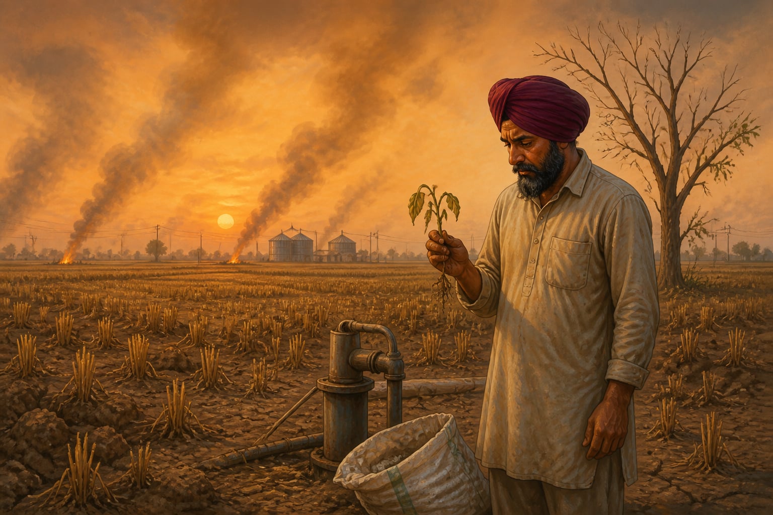 A depleted Punjab stubble field at twilight